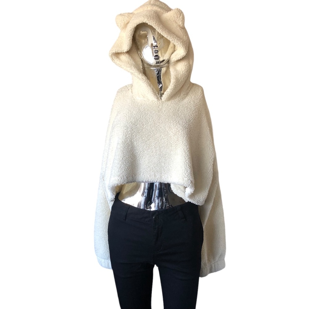 Soft Teddy Bear Cropped Sweater with Ears - Small